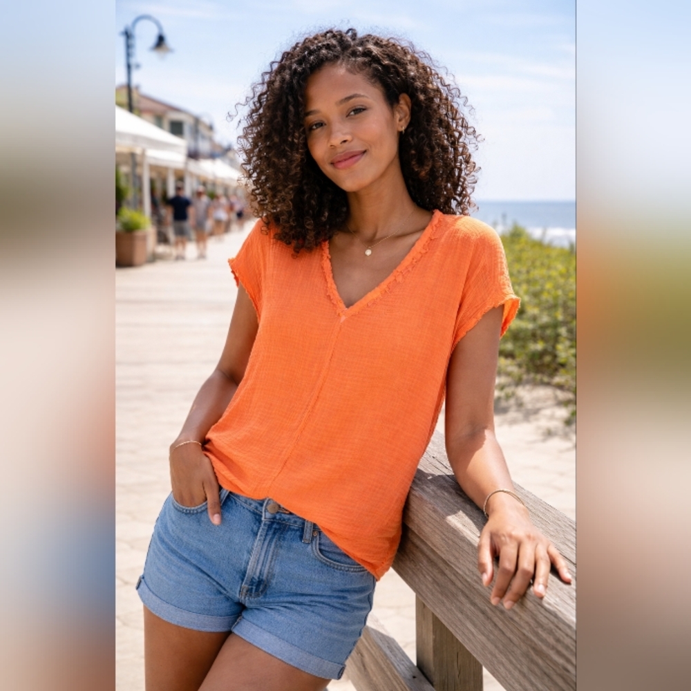 Michael Stars Draya Summer blouse. V-Neck Short Sleeve Orange Double Gauze Top